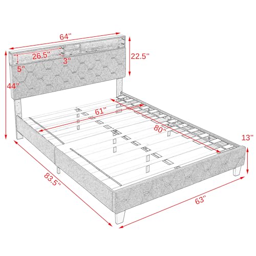 Queen Bed Frame, Storage Headboard with Charging Station, Metal Platform Bed Frames Queen Size w/Large Under Bed Storage Space, Solid & Stable, No Box Spring Needed, Easy Assembly, 86.3