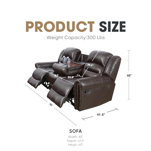 Recliner Sofa, Semi PU Synthetic Leather Couch Living Room 3-Seat Sofa Chair with Storage Box and Cup Holders for Apartment, Home and Office (Brown)
