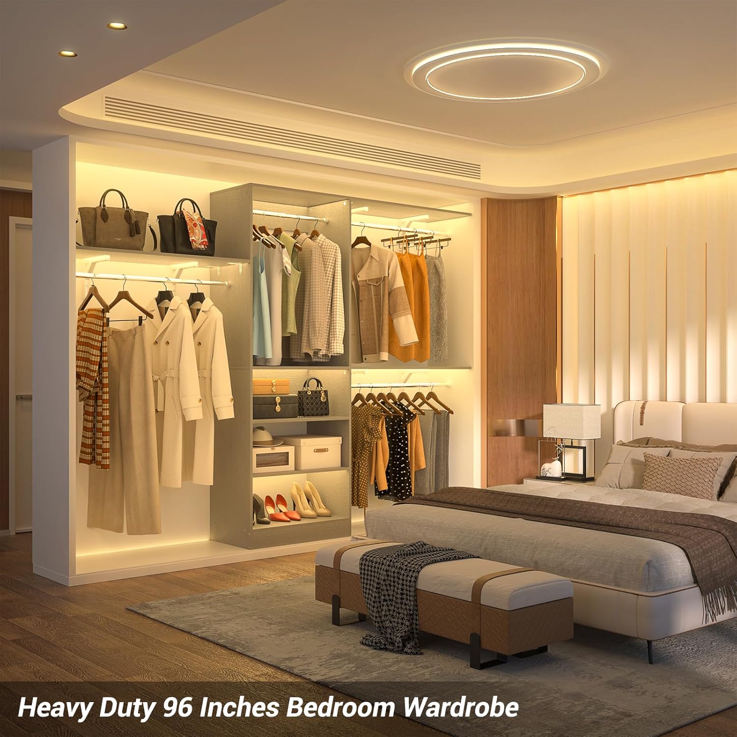 8FT Closet System with Shelves, 96'' Closet Organizer System with 3 Hanging Rods, Wall Mount Bedroom Wardrobe Walk-in Closet, Adjustable Cloth Garment Rack from 5 to 8FT (Cut to Fit), Grey