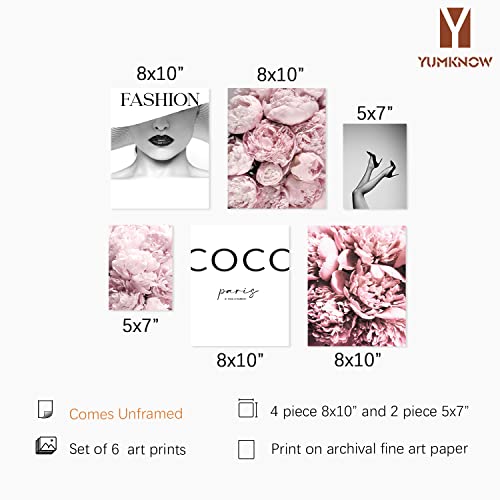 Pink Paris Coco Wall Decor - Rose Peony Glam Posters for Room Aesthetic - Postive Quotes Gifts, Bedroom Bath - Feminist Inspirational Quotes for Women Girl Bedroom Wall Art - Fashion Designer Pictures