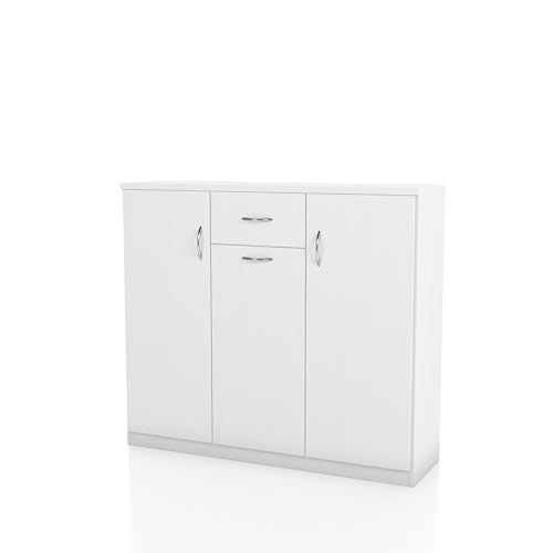 Furniture of America Darrion Modern 10-Shelf Cabinet with Doors and Center Drawer, Free Standing Rack Shoe Organizer for Entryway Storage, Hallway, Living Room, 20 Pairs, White