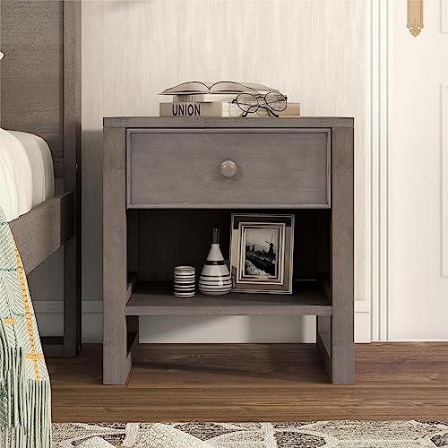 Wood Nightstand for Kids Room, Small Night Stand, End Table with Storage Drawer and Open Shelf, Bedside Table, Side Table with Sturdy Frame and Thick Legs, Space Saving, 20
