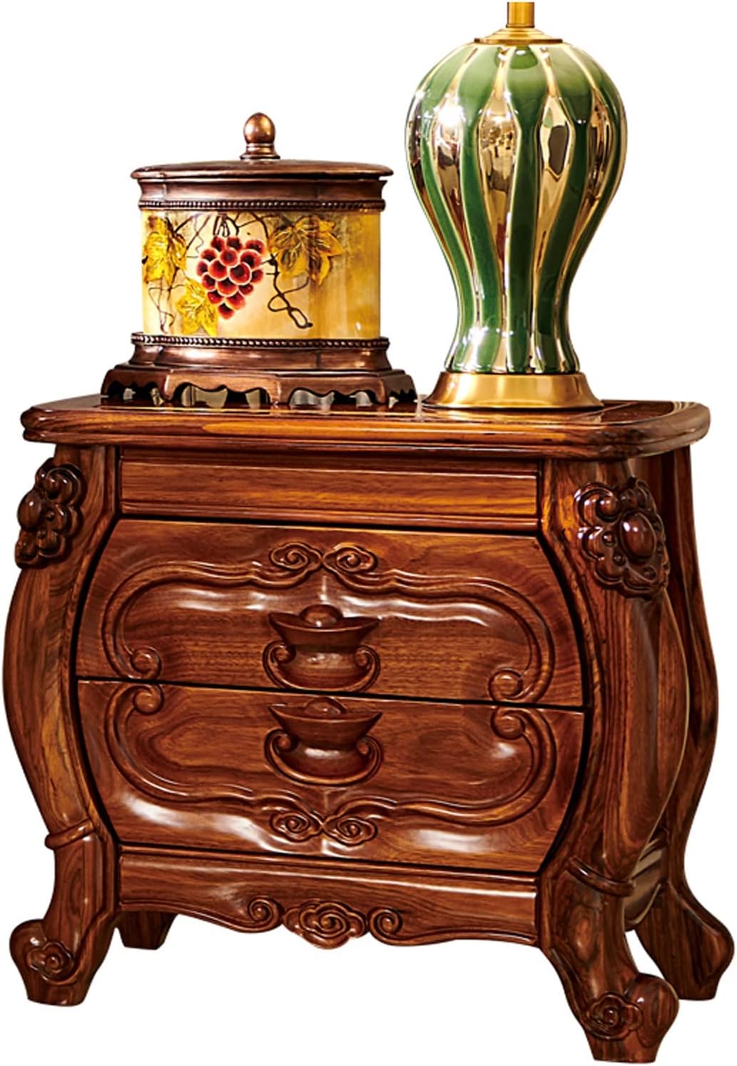 High-end Retro Nightstand, Luxury Solid Wood Bedroom Nightstands with 2 Drawer, Exquisite Carving Storage Cabinet, Bedside Tables Furniture for Villa Big House Bedroom