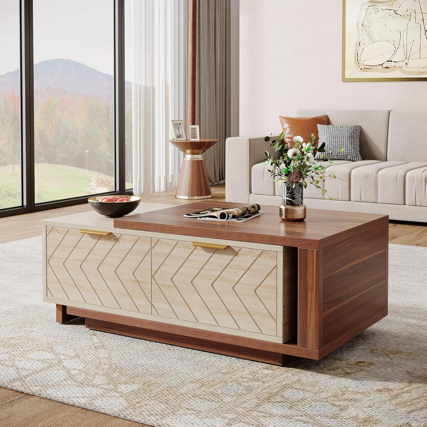 Tribesigns Extendable Coffee Table with 2 Storage Drawers, Dual-Tone Center Table with Sliding Tabletop, Multi-Functional Hidden Storage Wooden Rectangle Cocktail Table for Living Room, Walnut & Oak