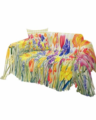 Tulip Floral Cover Couch Covers for 3-4 Cushion Couch Throw Couch Cover with Tassel Soft Slipcover Spring Watercolor Botanical Flowers Purple Check Couch Furniture Protector for Dog Pet 71