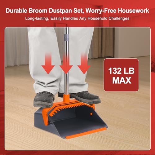 Brooms and Dustpans 3-Pack, Commercial Broom with Dustpan Combo Set, Large Brooms with 51'' Long Handle, Self-Cleaning Dust Pan Teeth for Home Hall Lobby Office Garage - Black