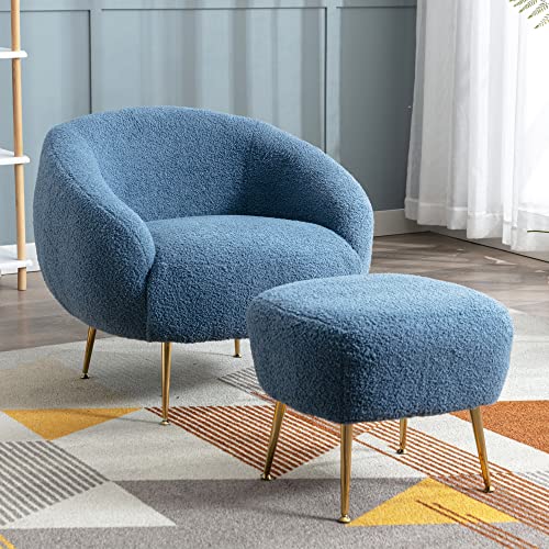Polibi 30.9” W Modern Comfy Leisure Accent Chair with Ottoman, Teddy Short Plush Particle Velvet Sofa Armchair for Bedroom, Living Room