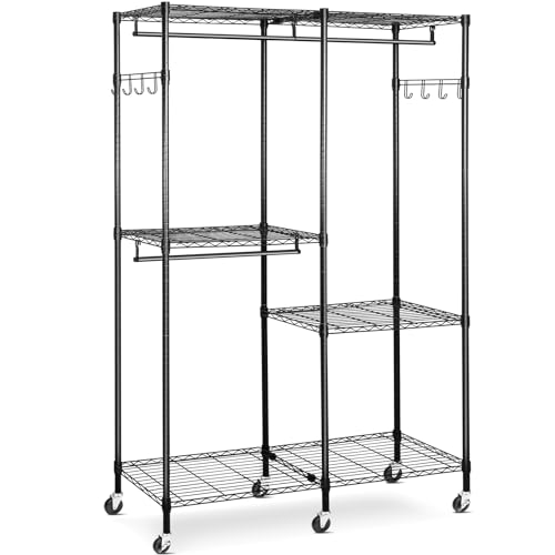 Wire Garment Rack, Heavy Duty Rolling Clothes Rack for Hanging Clothes, Adjustable Metal Clothing Rack with Storage Shelves, Freestanding Closet Wardrobe on Wheels, 57.1