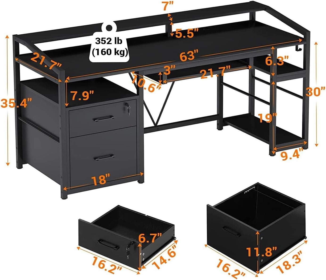 Saranya 18 Shop New Modern Black Computer Desk Office Desk with File Drawers & Monitor Shelf Writing Shelf Shelves Home Office Study and Workstation Living Room 63'L x 21.7