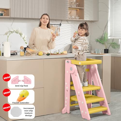 UNCLE WU Toddler Kitchen Tower for Learning and Cooking, Safety Rail, 3-Step, Foldable & Adjustable - Toddler Step Stool for Bathroom Sink & Montessori Standing Helper -Ages 18 Months to 4 Years