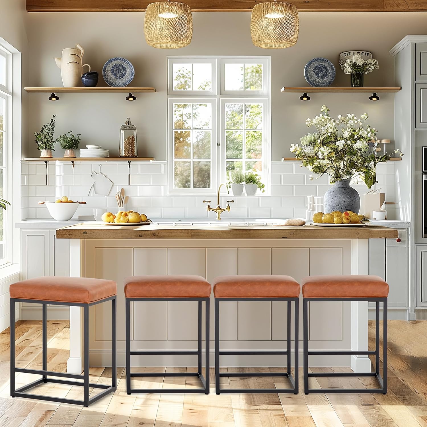 PHI VILLA Brown Bar Stools Set of 4-24 inch Counter Stools for Kitchen Island, Counter Height Bar stools