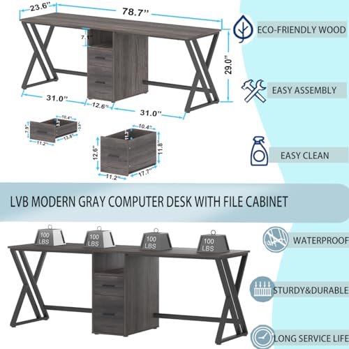 LVB Large 2 Person Desk, Modern White Computer Desk with File Cabinet, Extra Long Workstation Double Desk with Storage Shelf, Industrial PC Writing Study Dual Executive Office Desk with Drawer, 79 in
