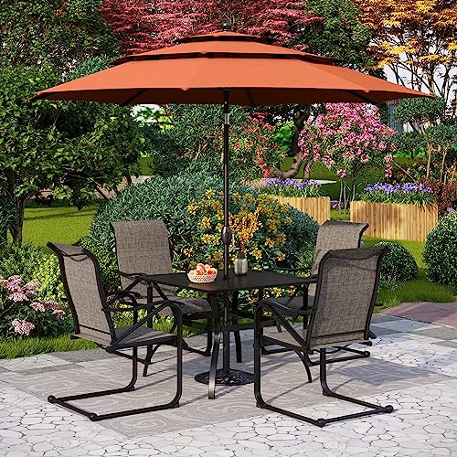 PHI VILLA 7 Piece Outdoor Dining Set with 13ft Double-Sided Large Umbrella for 6, Rectangle Metal Steel Dining Table & Textilene C-Spring Chairs Furniture Set for Patio (Beige)