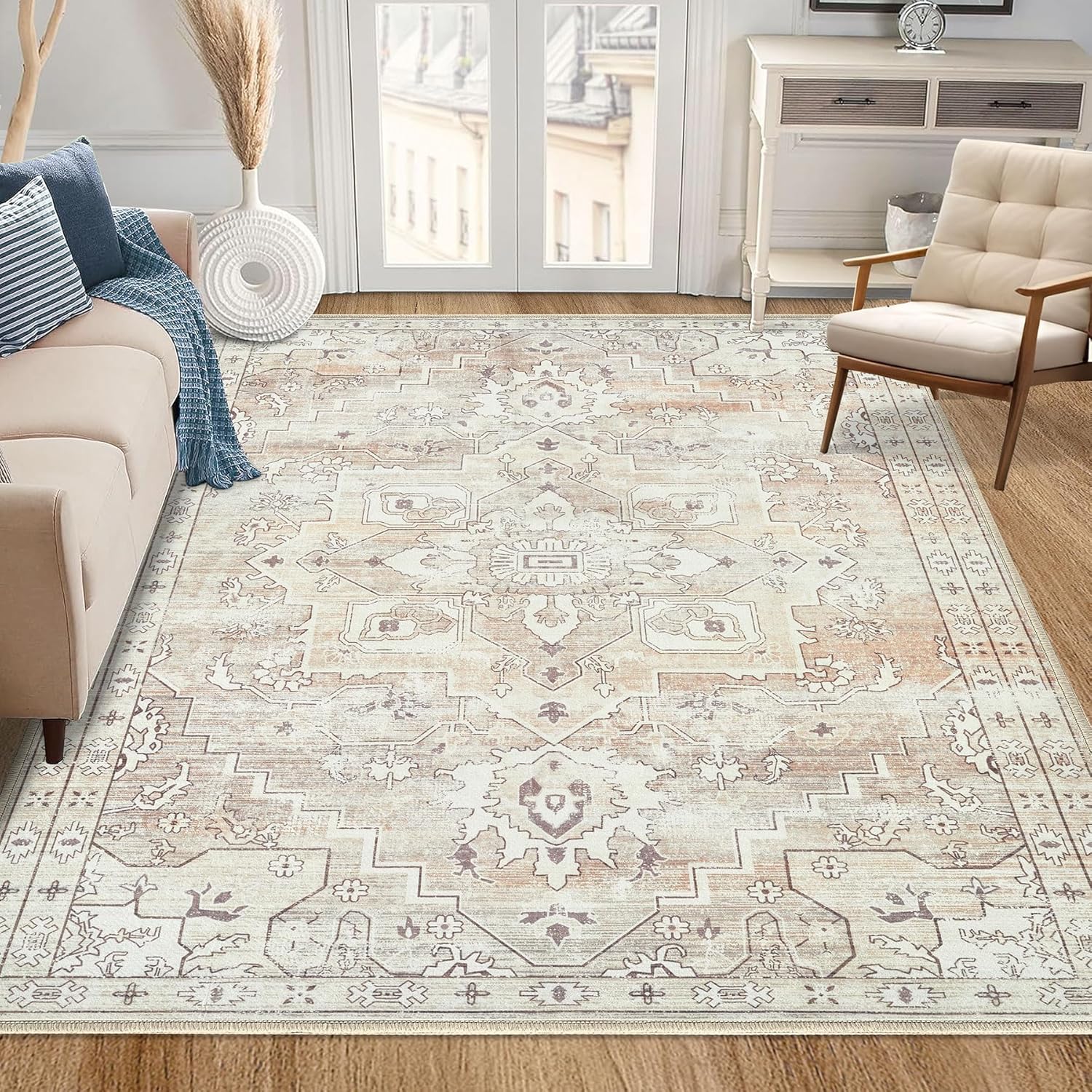 Area Rug 5x7 Washable Rugs: Living Room Boho Vintage Rug Soft Low Pile Non Slip Rug Distressed Indoor Floor Carpet for Bedroom Kitchen Dining Room Home Decor(5x7, Beige)