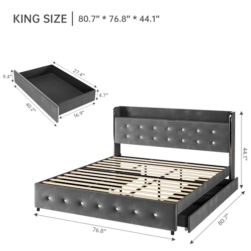 IDEALHOUSE King Size Bed Frame with 4 Storage Drawers, Upholstered Platform Bed Frame with Wingback Diamond Tufted Headboard, Wood Slats Support, Easy Assembly, No Box Spring Needed, White