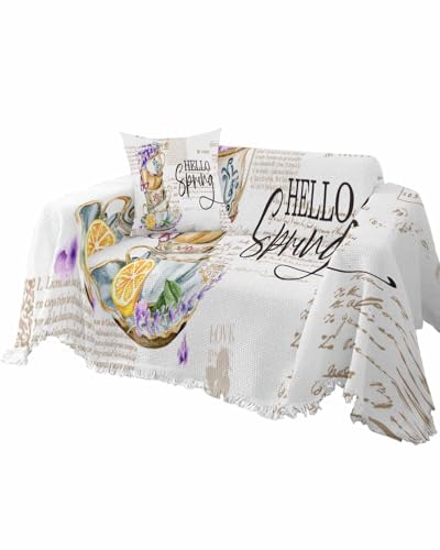 Lavender Purple Sofa Cover Couch Covers for 3 Cushion Couch Throw Couch Cover with Tassel Soft Sofa Slipcover Vintage Spring Watercolor Cup Flowers Lemon Couch Furniture Protector for Dog Pet 71