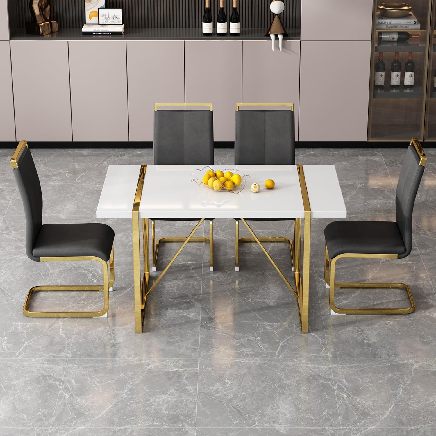 Modern Dining Table Set for 4,White Kitchen Table with 4 Black PU Leather Dining Chairs,55 '' Rectangular Dinner Table with Gold Stainless Steel Legs,Ideal for Living Room Home Office