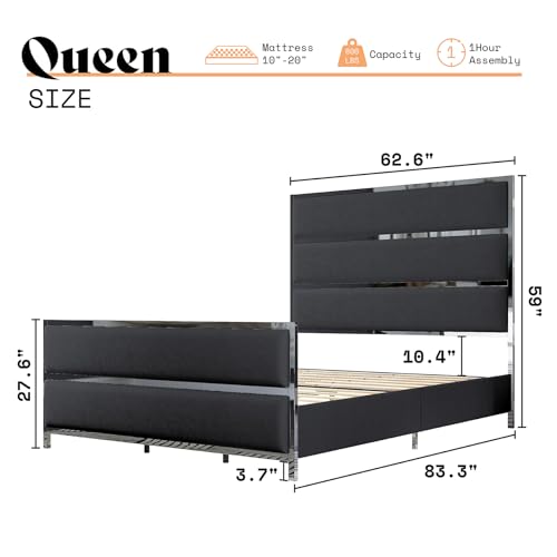 AMERLIFE King Size Bed Frame, Velvet Upholstered Bed with Silver Trim Headboard & Footboard, Channel Tufted Platform Bed Frame, No Box Spring Needed/Light Grey