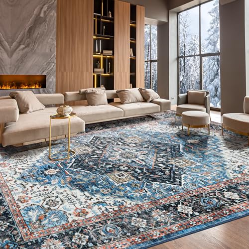 Washable Rug 4x6, Machine Washable Area Rugs with Non Slip Bottom, Vintage Rug for Living Room Bedroom, Traditional Print Floral Rug Carpet Stain Resistant, Green/Navy Boho Rug, 4 x 6 Carpet