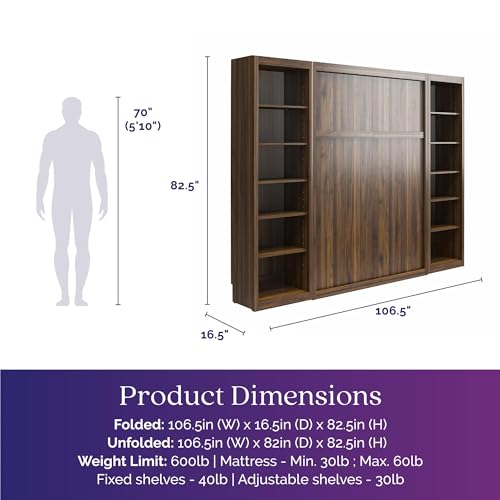 REALROOMS Halstead Multi-Functional Full Size Fold-Out Murphy Bed with 2 Space-Saving Open Storage Side Cabinets for Bedroom or Guest Room, Walnut