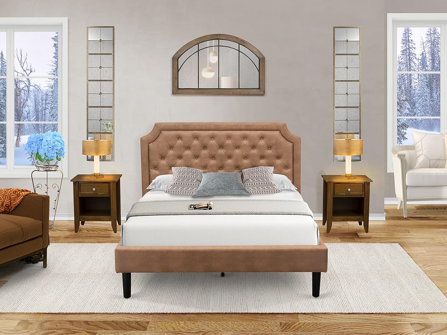 East West Furniture 3-Piece Granbury Bedroom Furniture Set with Button Tufted Upholstered Bed and 2 Antique Walnut Small Nightstands-Brown Faux Leather Texture and Black Legs, Queen Size