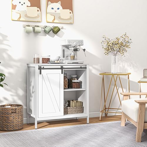 HOMCOM Farmhouse Sideboard Buffet Cabinet, Coffee Bar Cabinet with Sliding Barn Door and Adjustable Shelf, Kitchen Storage Cabinet with Metal Frame, White