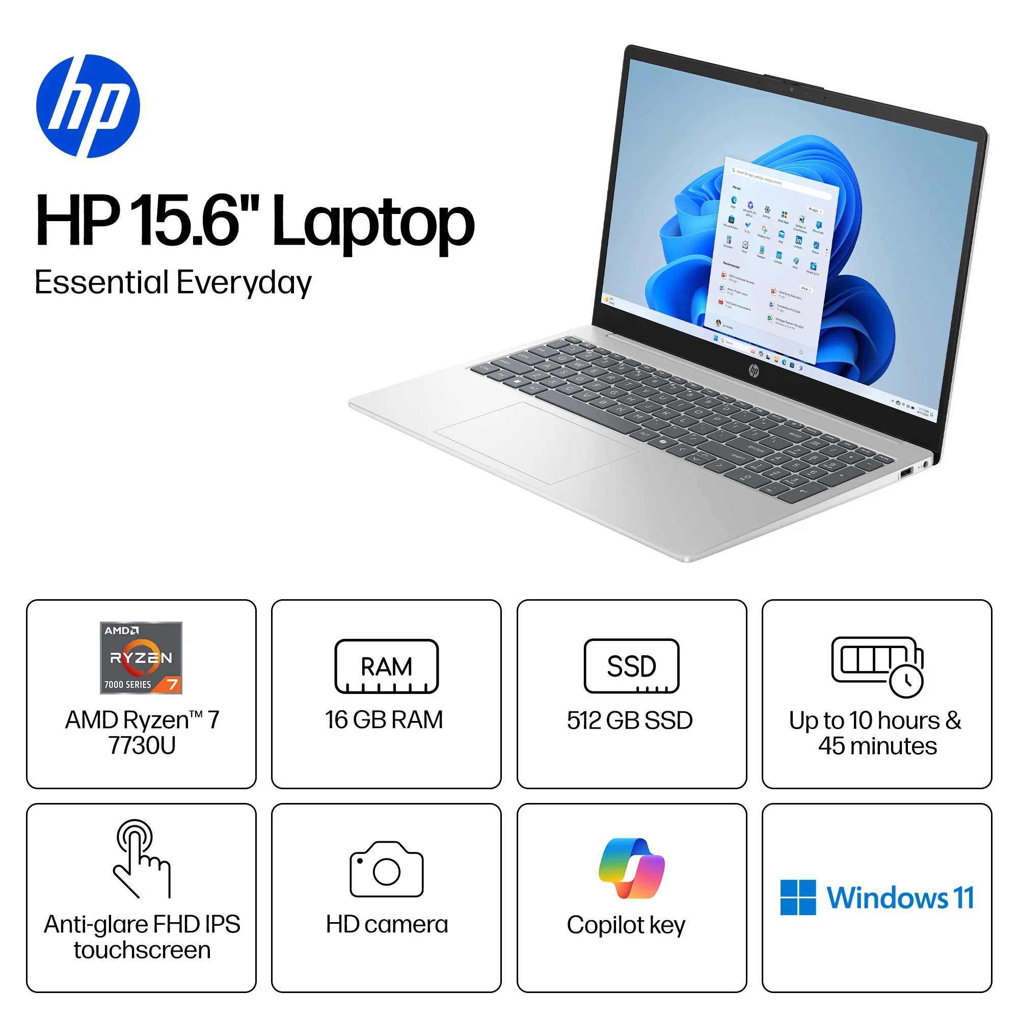 HP 15.6 inch FHD IPS Touch Windows Laptop AMD Ryzen 7 7730U 16GB 512GB SSD Natural Silver