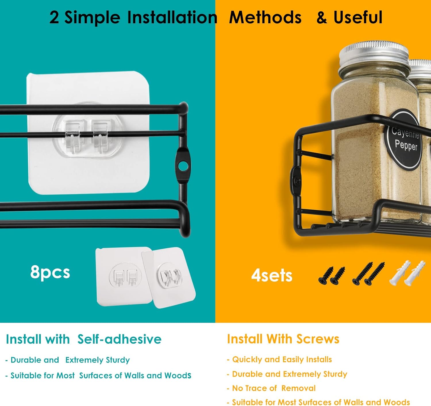 4Pcs Spice Rack Wall Mount Space Upgrade of Bolded Saving Spice Organizer for Spice Jars and Seasonings,Screw or Adhesive Hanging Spice Shelf Rack Organizer for Kitchen Cabinet Pantry Door