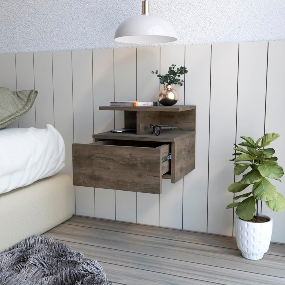 Flopini Floating Nightstand: Dark Walnut Finish with One Drawer for Modern Bedroom Organization