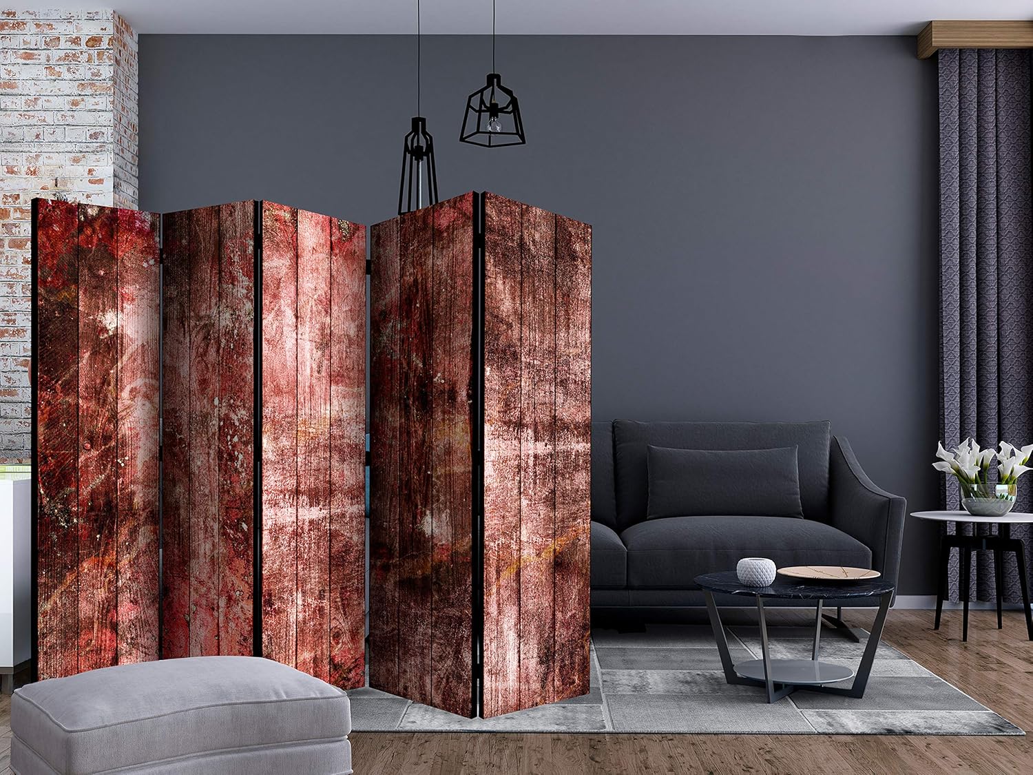 artgeist Acoustic Room Divider Faux Wood Boards 90x68 in - Double-sided Folding Screen Print on Non-woven Canvas Acoustic Foam 5 Panel Home Office f-A-0776-z-c
