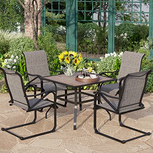 PHI VILLA 7 PCS Patio Outdoor Dining Set,6pcs Spring Rocking Chair & Retro Large Metal Table with E-Coating, Textilene Furniture Set for Porch, Yard, Garden