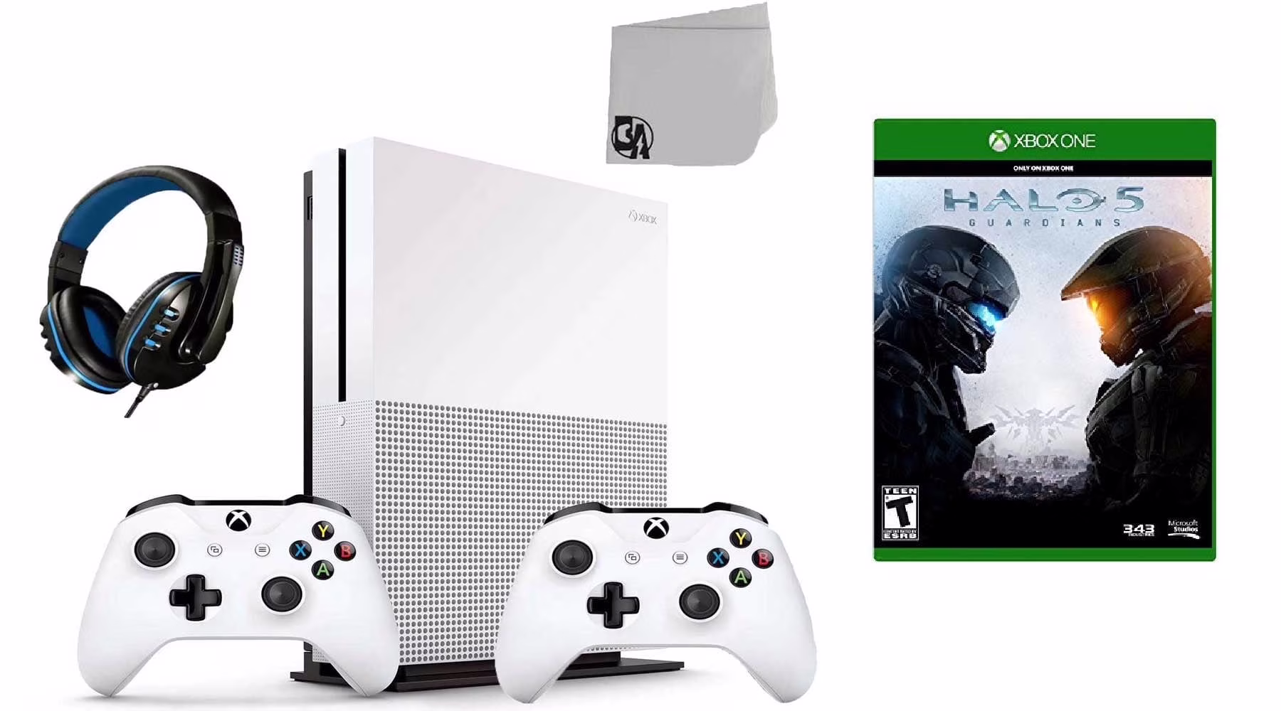 Pre-Owned Microsoft 234-00051 Xbox One S White 1TB Gaming Console with 2 Controller Included with Halo 5- Guardians BOLT AXTION Bundle
