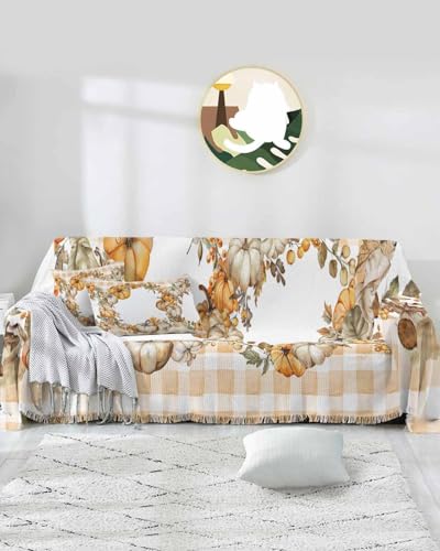 Fall Thanksgiving Cover Couch Covers for 3-4 Cushion Couch Throw Couch Cover Tassel Soft Slipcover Autumn Pumpkin Leaf Black White Buffalo Check White Couch Furniture Protector for Dog Pet 71