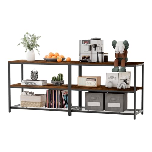 63 Inch Console Table with Outlets,Low Sofa Table Behind Couch Table with Storage Shelves,Industrial Hallway Entryway Table with LED Strips for Living Room, 3 Tier Bookshelf (Black)