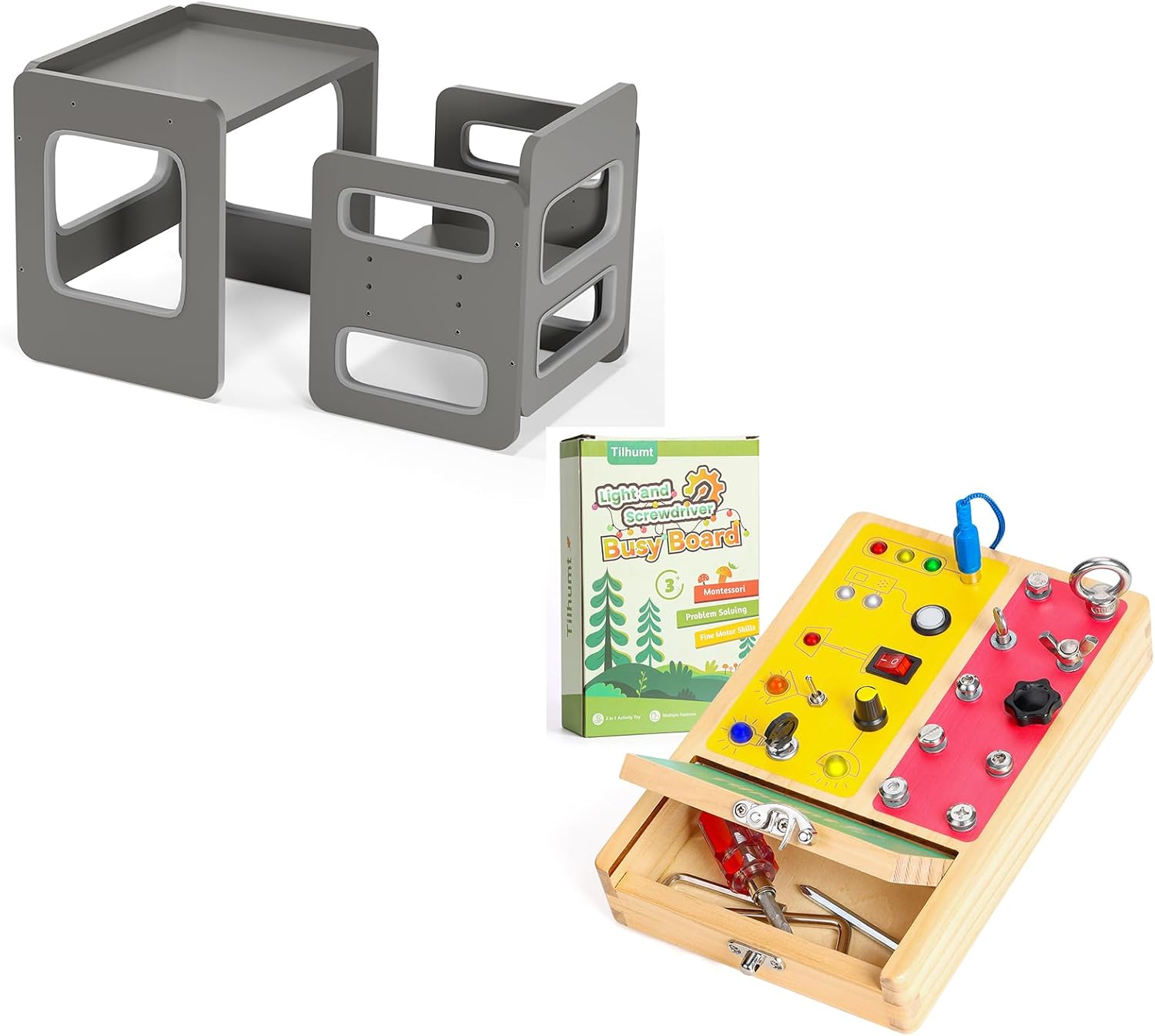 Tilhumt Montessori Weaning Table and Chair Set and 2-in-1 Busy Board for Toddler, Kids Table and Chair Set, Adjustable Height Activity Table with Fence for Toddle Montessori Toys Read, Play, Arts