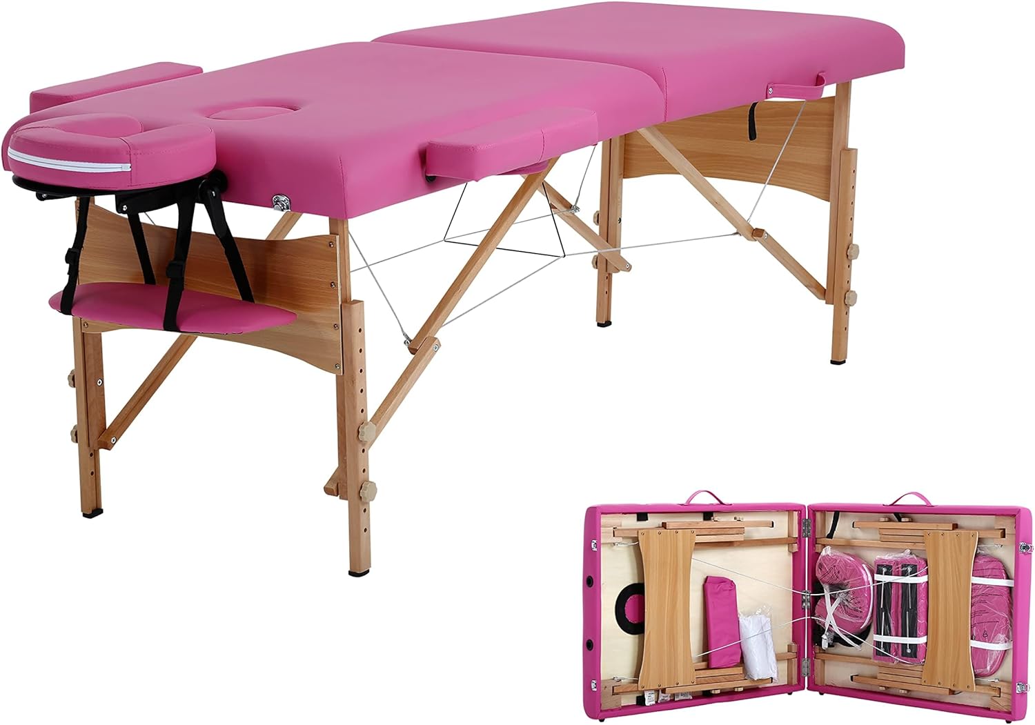 28 Inch Massage Table, 2 Fold Lash Bed, Height Adjustable, Massage Bed, Massage Tables Portable with /Carry Case/Face Cradle/Hand Pallet, Tattoo Table for Eyelash Extensions, Spa, Facial, Pink