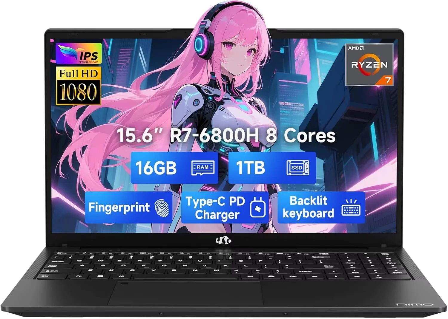 15.6" IPS FHD-Gaming-Laptop, 8 Cores AMD Ryzen 7 6800H 16GB DDR5 RAM 1TB SSD (Beat i7-12700H, Up to 4.7GHz) AMD Radeon 680M GPU-Computer with 100W GaN Type-C Backlit Keyboard Fingerprint(black）