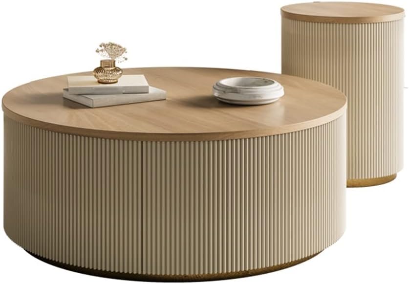 Solid Wood Coffee Table Modern Rounded Table Top 2 Drawers Minimalist Creative Simple Household Living Room Small House