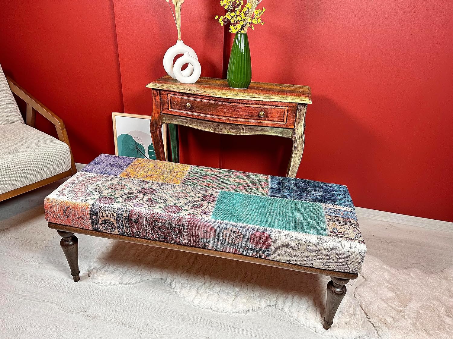 Rustic Upholstered Ottoman Bench for Living Room, Entryway, or Bedroom - Vintage Bohemian Wooden Accent Furniture with Cushioned Seat - Multi-functional Footstool for Modern Home Decor