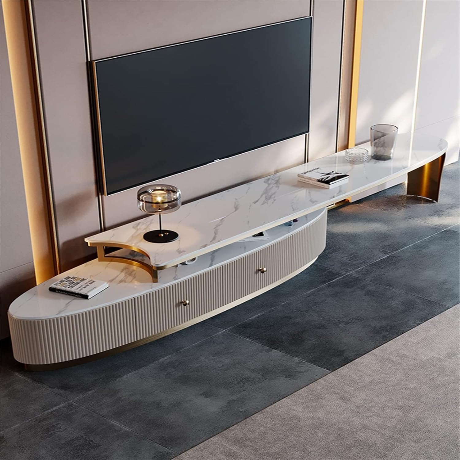 Tv Cabinet Luxury Rock Panel TV Cabinet Tea Table Combination High End Storage Minimalist Retractable TV Cabinet