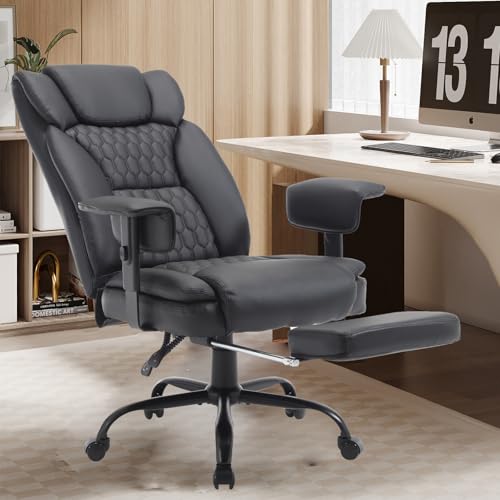 Big and Tall Office Chair 400LBS with Wide Seat High Back Ergonomic Executive Reclining Office Chair with Footrest Leather Computer Gaming Desk Swivel Chair with Wheels,Armrest, Lumbar Support,Beige