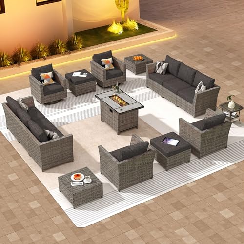 ovios 10 Piece Patio Furniture Set with Fire Pit Table,Outdoor Rattan Wicker Coversation Set with Swivel Rocking Chairs, Sectional Chairs for Outside Porch Balcony Backyard Pool,Grey