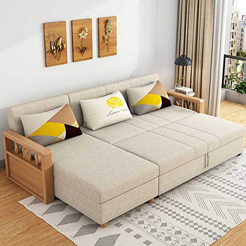 Reversible Sleeper Sectional Sofa with Storage and Wooden Handrail 3 in 1 Compact Sofa Couch with Pull Out Bed and Large Storage Space - Home Recliner Couch Home Living Room Furniture B 230cm (D 280
