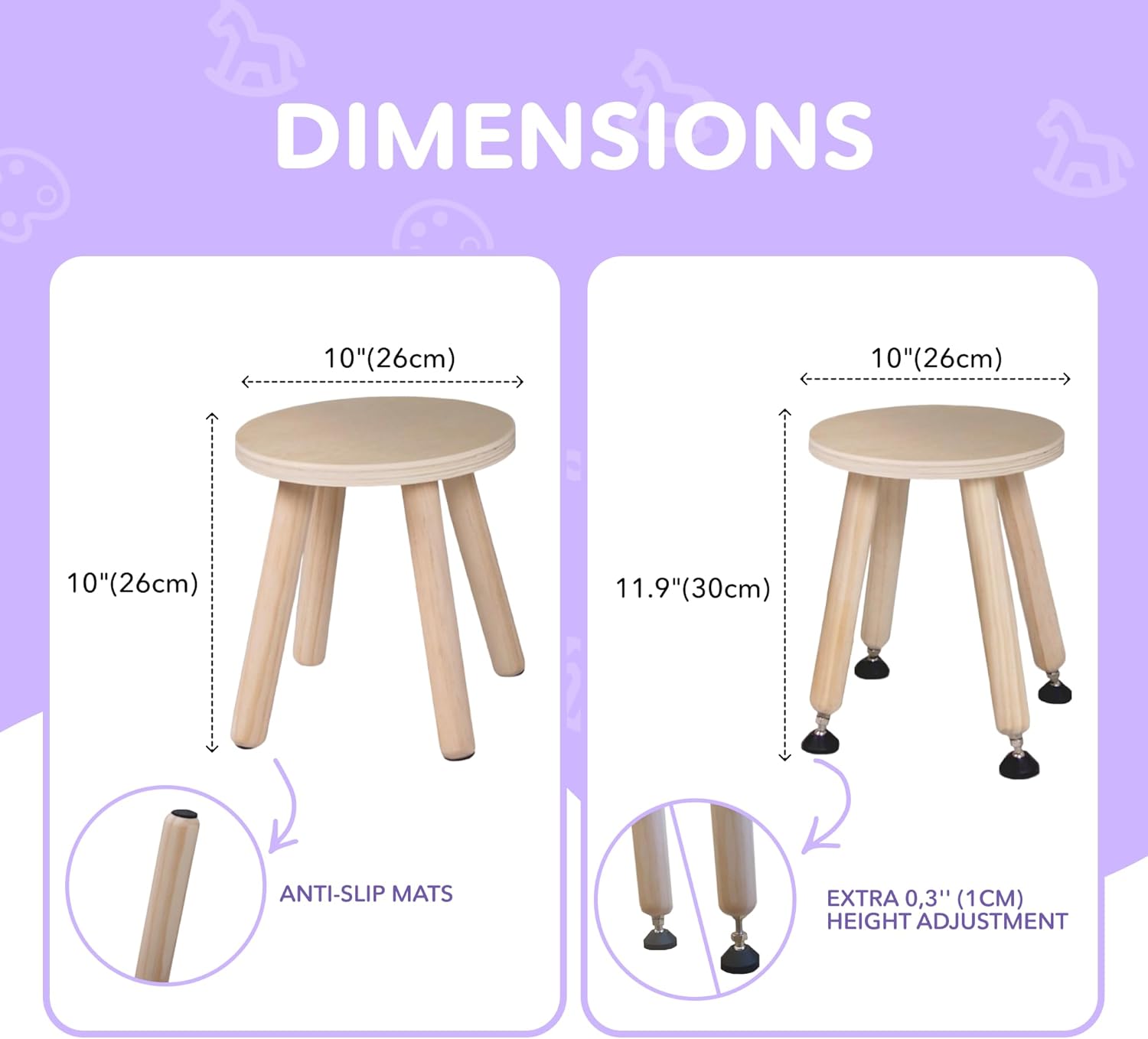 Cateam Wooden Step Stool for Kids and Toddlers - Set of 2 - Natural - Extendable Legs Kids Chair - Sensory Table Stool - Children's Round Sitting Stool with Leveling Feet and Anti-Slip Pads
