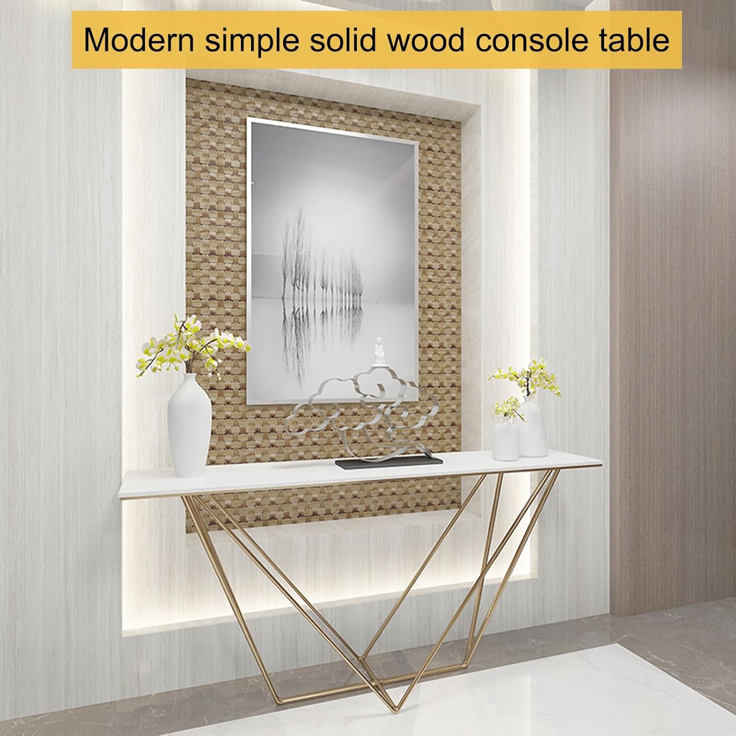 Console Table for Entryway | Contemporary Accent Table | Narrow Sofa Entryway Table with Gold Decor | Wood Entryway Table for Living Room, Hallway, Foyer