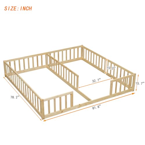 Double Twin Size Floor Bed with Fence, Wooden Floor Bed for 2 Kids with Guardrails,without Door, for Kids, Girls, Boys (Natural-@06)