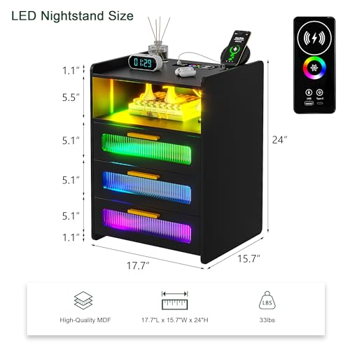 HNEBC Small Nightstand Set of 2, RGB LED Night Stand Set 2 with Wireless Charging Station, Smart Bedside Table with Motion Sensor Lights/RGB Dynamic Lights,End Table for Living Room/Bedroom (White)