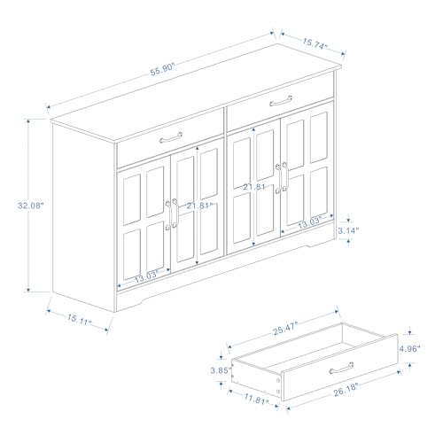 Sideboard Buffet Cabinet with Storage, White Cabinet with 4 Doors & 2 Drawers, Textured Carved Doors, Anti-Tip Design, Multipurpose Buffet Storage Cabinet for Kitchen, Dining Room, Living Room
