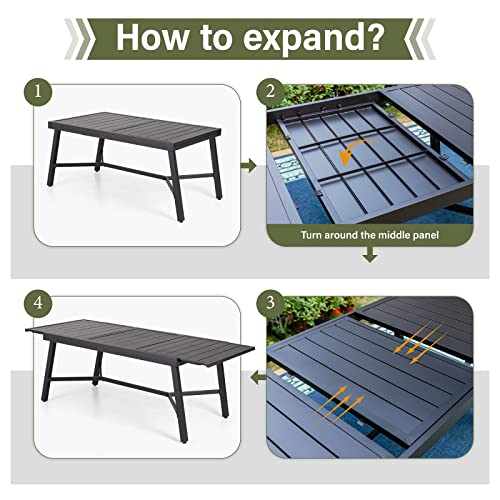 PHI VILLA Outdoor Patio Dining Sets for 8, Metal Expandable Patio Table Furniture Set 9 Piece with 1 Rectangular Extendable Patio Table and 8 Padded Swivel Dining Chairs Supports 300LBS