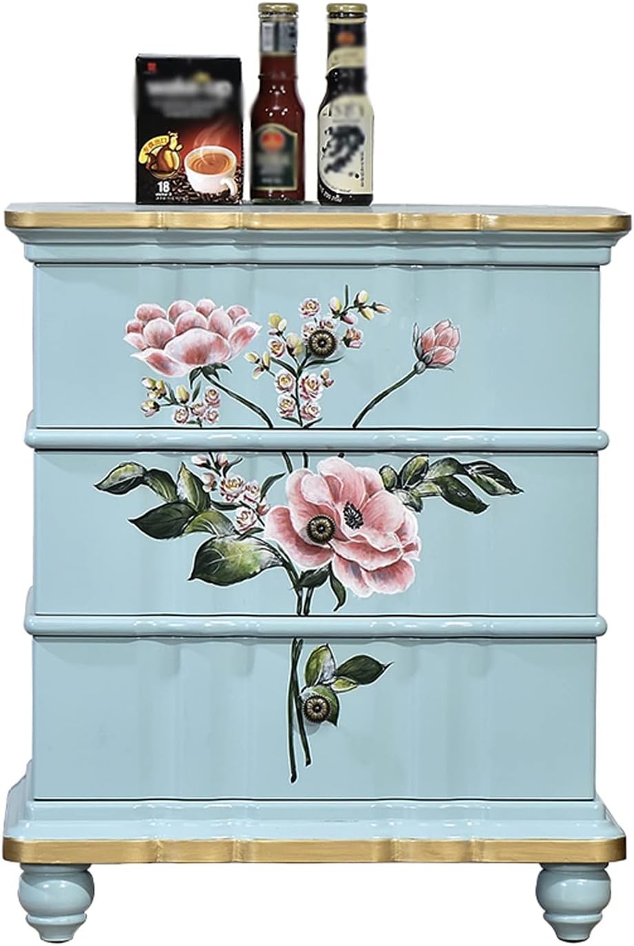 Light Luxury Nightstand, Exquisite Painting Corner Table Bedside Tables with 3 Drawers, Wooden Big Storage Cabinet Home Furniture for House Bedroom